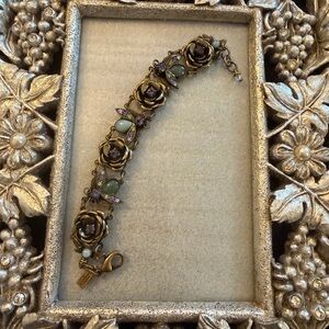 Vintage “Mary Demarco”Flower & Bee Bracelet w/Brassy, Green & Purple Hues 7 1/2”